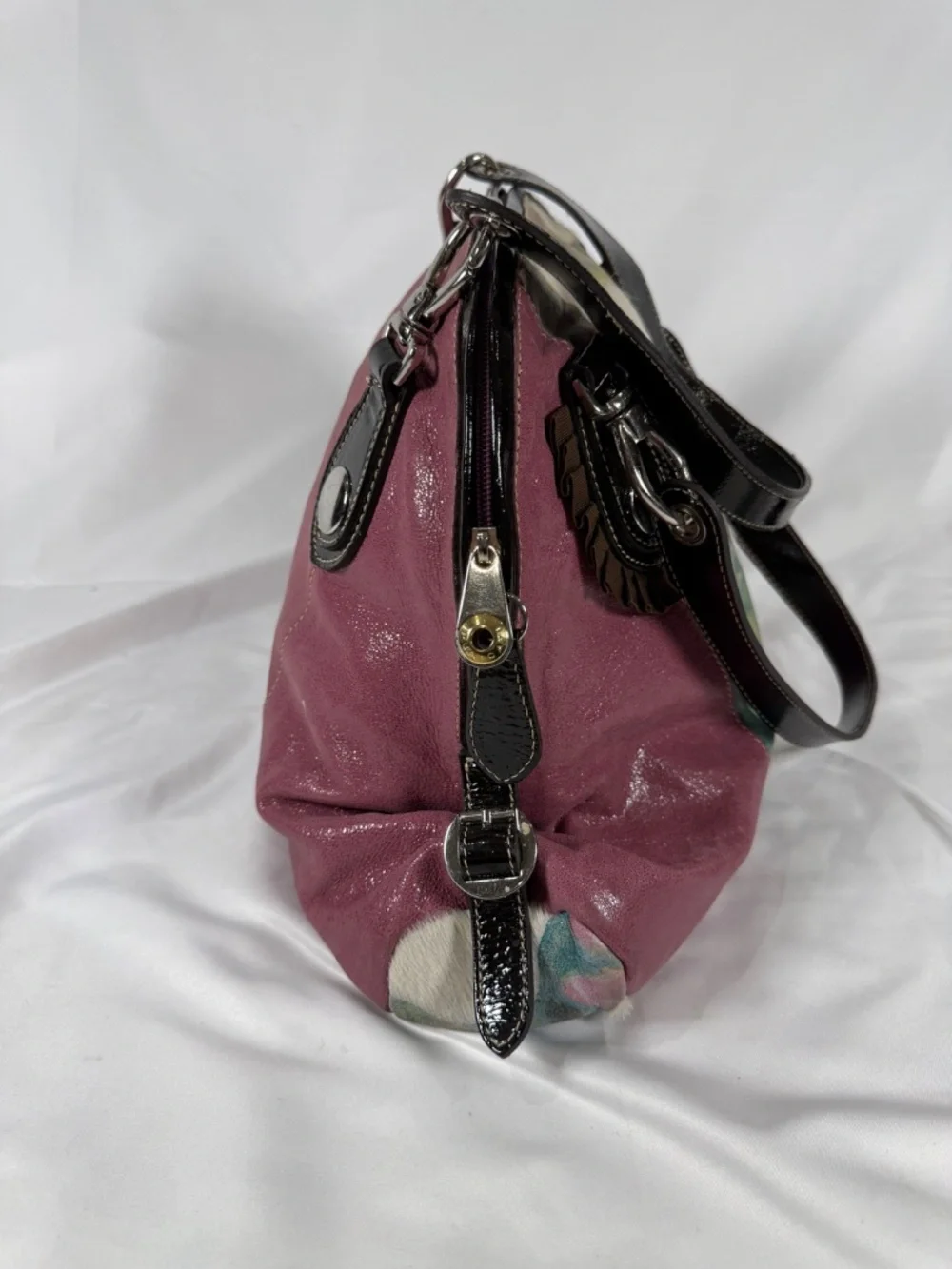 Pulicati Italy Floral Haircalf Leather Satchel Designer Pink Purse